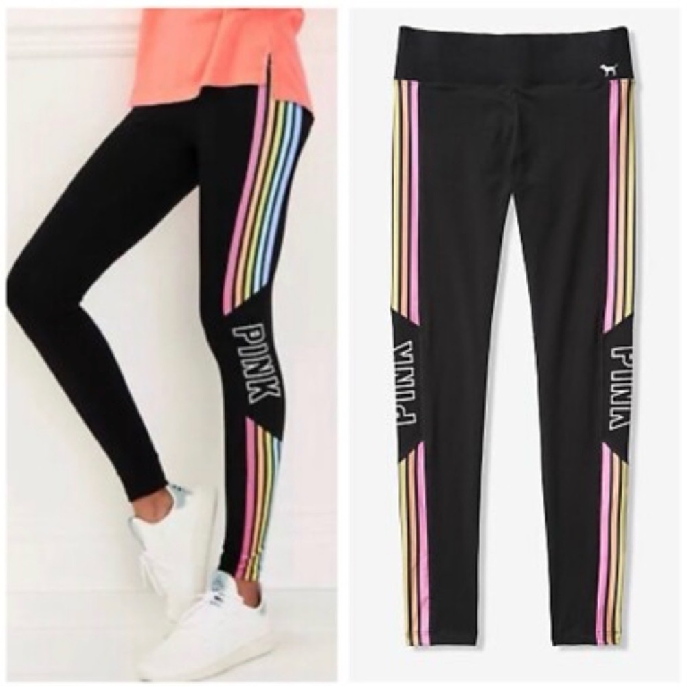 PINK Victoria's Secret Black Leggings with Pastel Rainbow Stripes